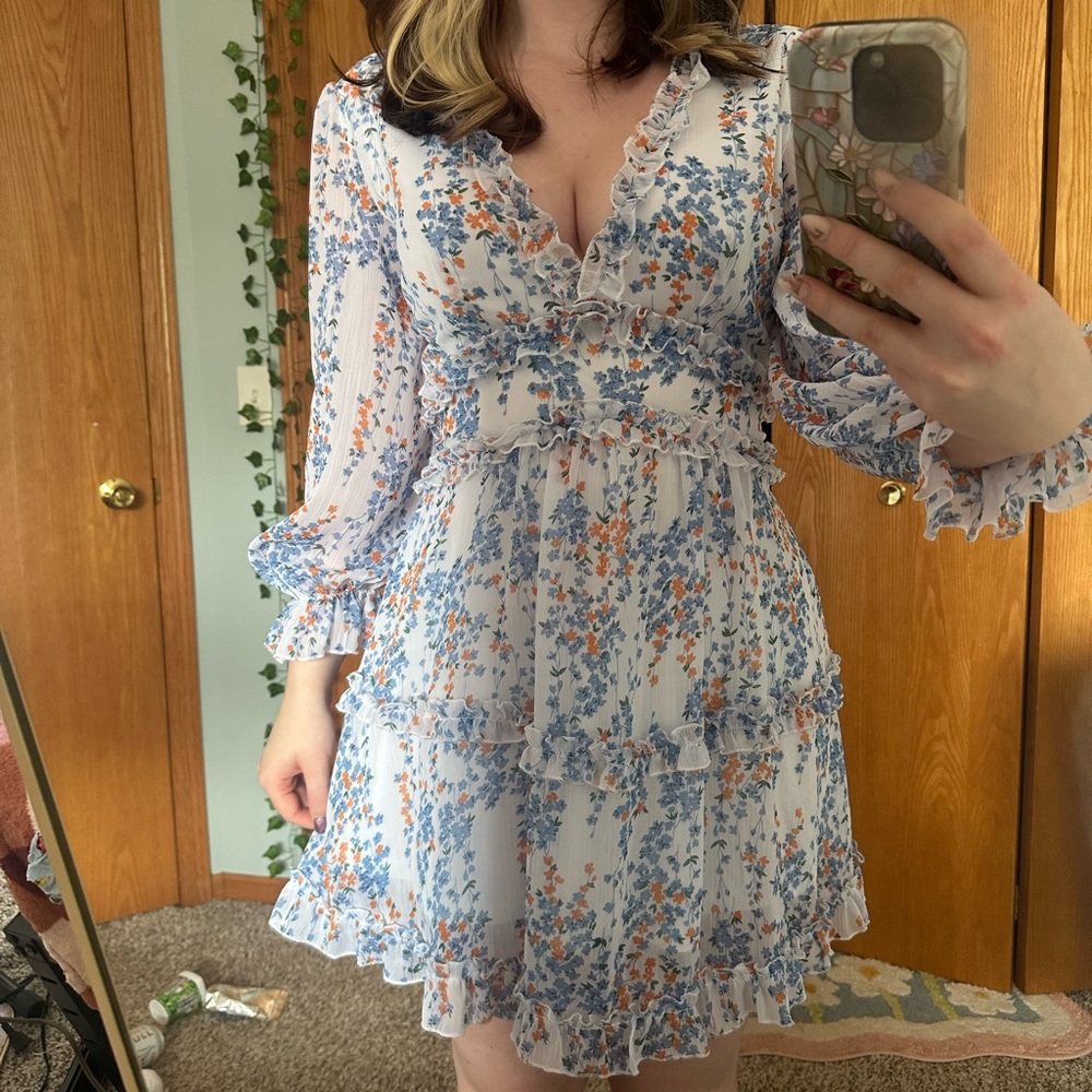 Amazon Blue and White Ruffled Tiered Long Sleeve Dress